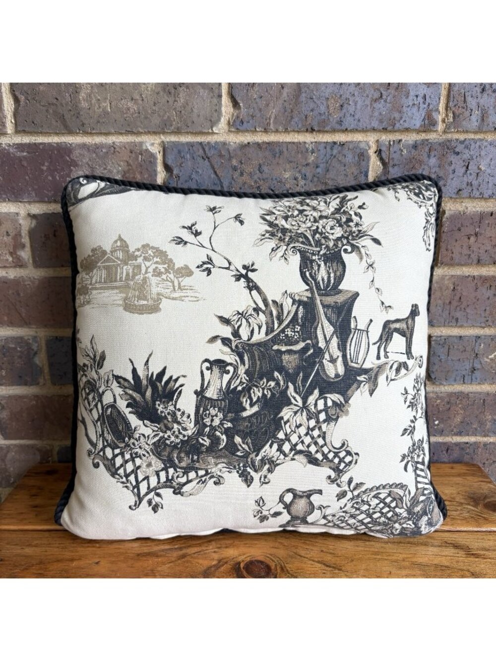 Rose Tree Throw Pillow Black And Cream Toile French Country Violin Floral 16”